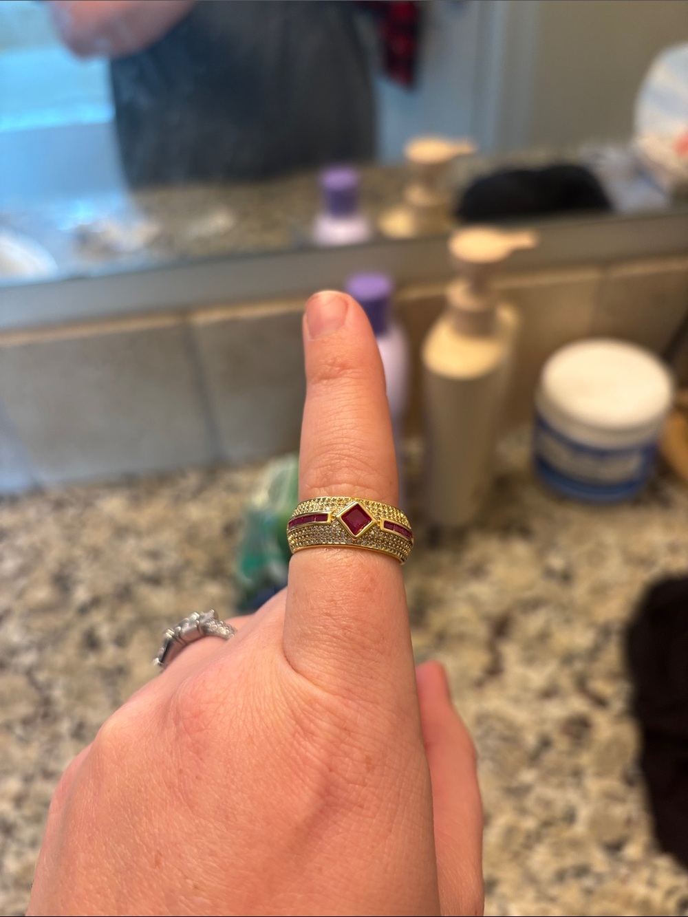 Gold-Tone Ring with Red Square Gemstone
